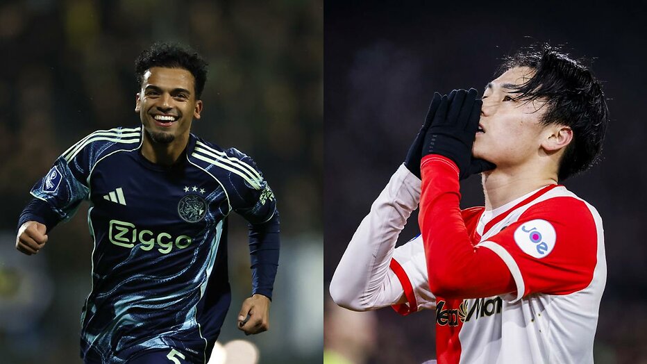 Owen Wijndal (Ajax) en Ayase Ueda (Feyenoord)