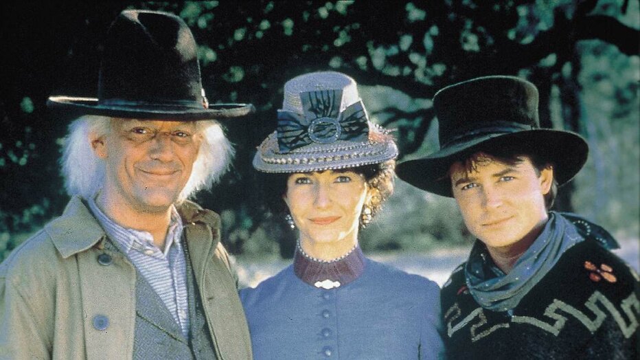 Christopher Lloyd, Mary Steenburgen en Michael J. Fox in Back to the Future Part III Christopher Lloyd, Mary Steenburgen en Michael J. Fox in Back to the Future Part III