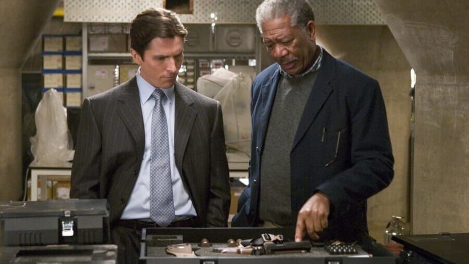 Christian Bale en Morgan Freeman in Batman Begins Christian Bale en Morgan Freeman in Batman Begins