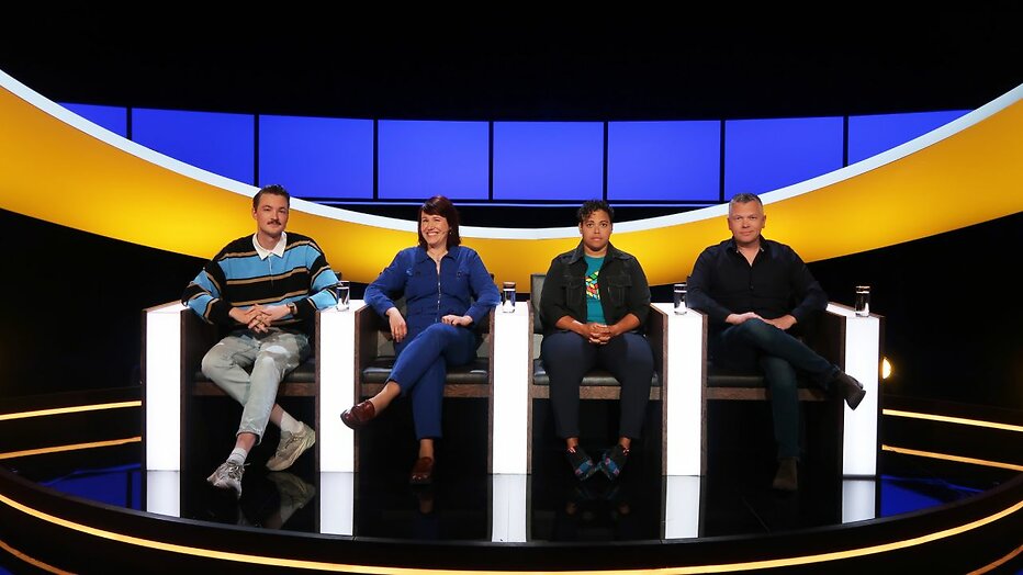Bram Krikke, Ionica Smeets, Jaike Belfor en Wouter de Winther in De Slimste Mens: All Stars Bram Krikke, Ionica Smeets, Jaike Belfor en Wouter de Winther in De Slimste Mens: All Stars