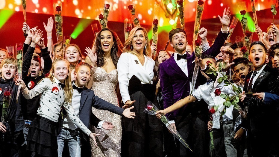Koningin Maxima, Buddy Vedder en Romy Monteiro Koningin Maxima, Buddy Vedder en Romy Monteiro