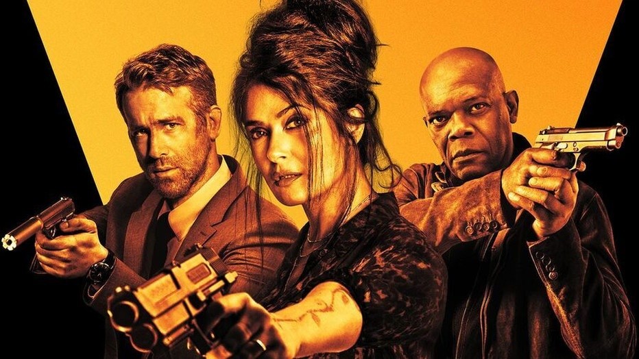 Ryan Reynolds, Salma Hayek en Samuel L. Jackson in Hitman's Wife's Bodyguard