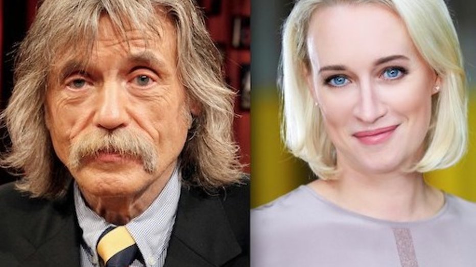 Johan Derksen lokt Eva Jinek uit de tent Johan Derksen lokt Eva Jinek uit de tent