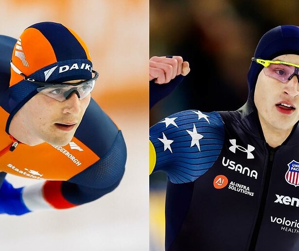 Jordan Stolz en Jenning de Boo staan lijnrecht tegenover elkaar tijdens de Wereldbeker Schaatsen in Hamar