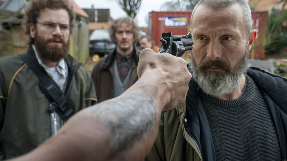 Nicolas Bro, Lars Brygmann, Nikolaj Lie Kaas en Mads Mikkelsen in Riders of Justice