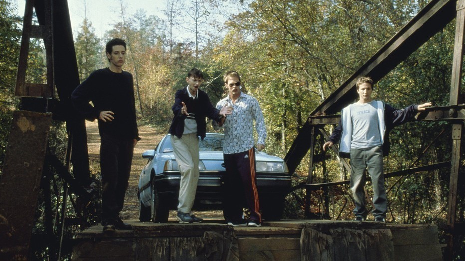 DJ Qualls, Seann William Scott, Breckin Meyer en Paulo Costanzo in Road Trip DJ Qualls, Seann William Scott, Breckin Meyer en Paulo Costanzo in Road Trip
