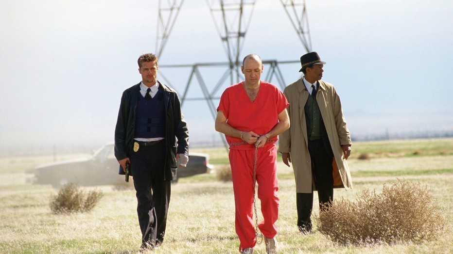 Brad Pitt, Kevin Spacey en Morgan Freeman in Se7en Brad Pitt, Kevin Spacey en Morgan Freeman in Se7en