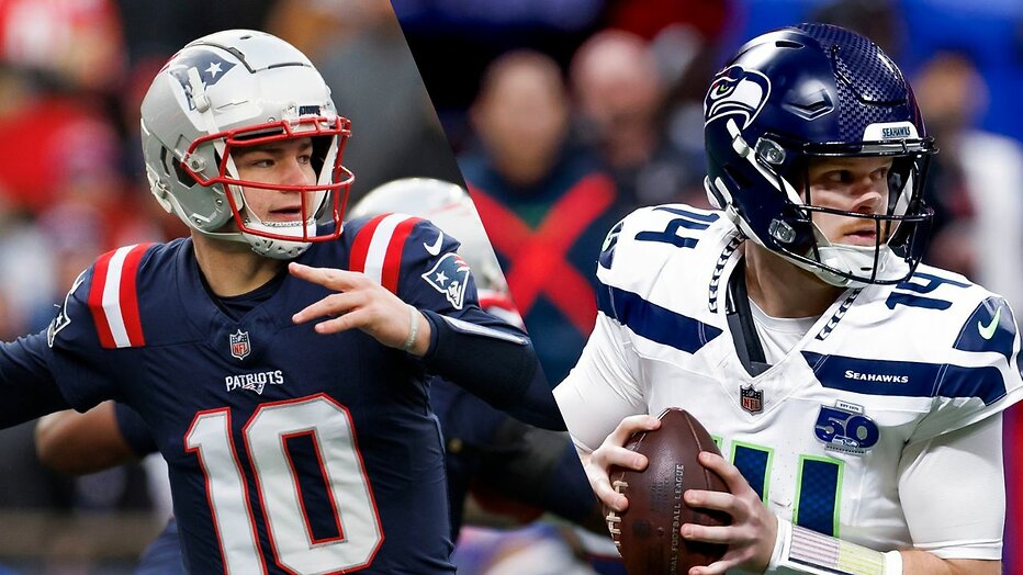 Drake Maye van New England Patriots en Sam Darnold van de Seattle Seahawks