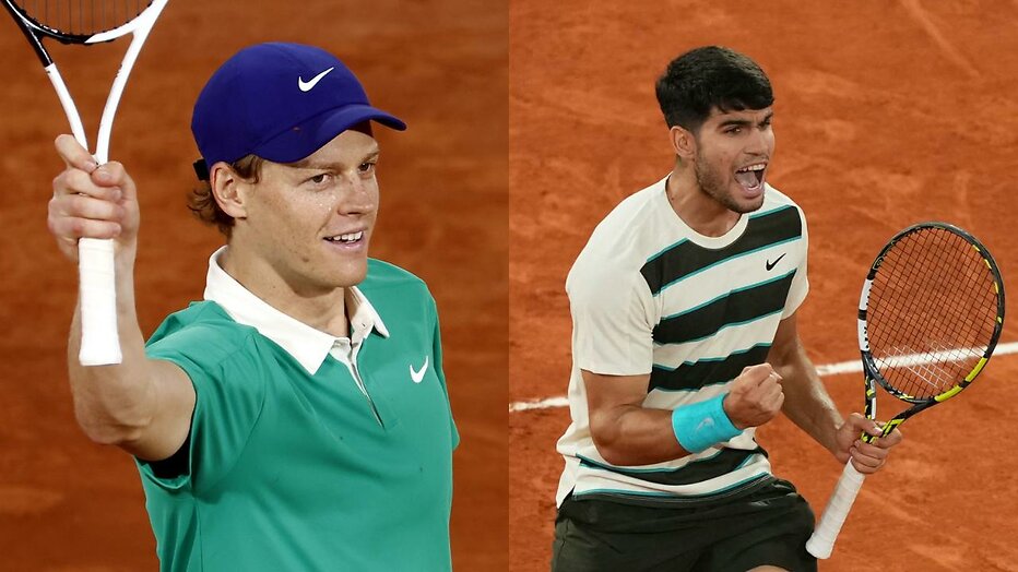Jannik Sinner (links) en Carlos Alcaraz (rechts)