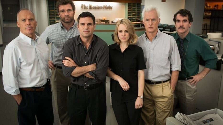 Michael Keaton, Liev Schreiber, Mark Ruffalo, Rachel McAdams, John Slattery en Brian D'Arcy James Michael Keaton, Liev Schreiber, Mark Ruffalo, Rachel McAdams, John Slattery en Brian D'Arcy James