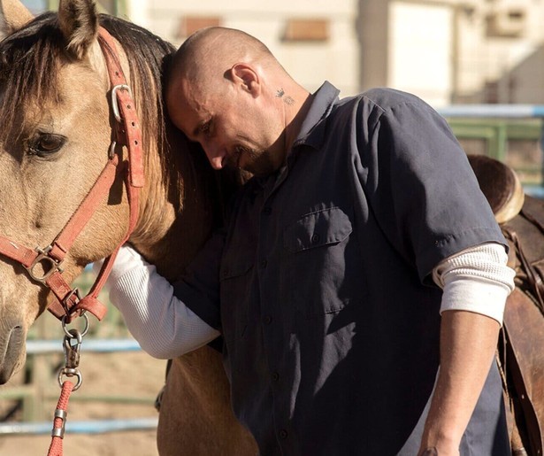 Matthias Schoenaerts probeert een paard te temmen in The Mustang op Viaplay TV