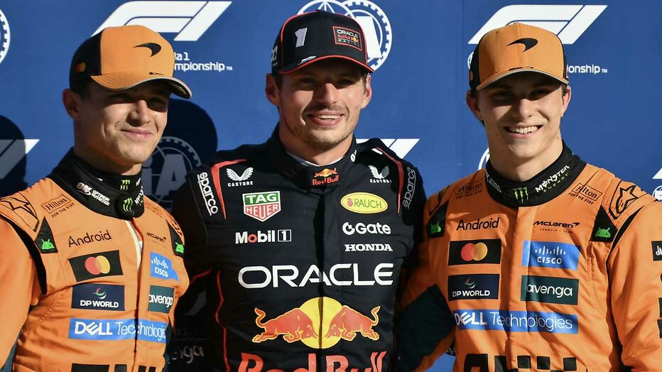 Lando Norris, Max Verstappen en Oscar Piastri