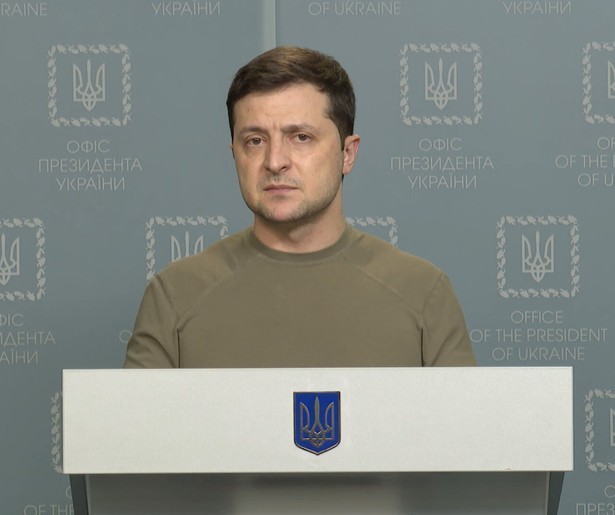 Een portret van de Oekraïense president Volodimir Zelenski